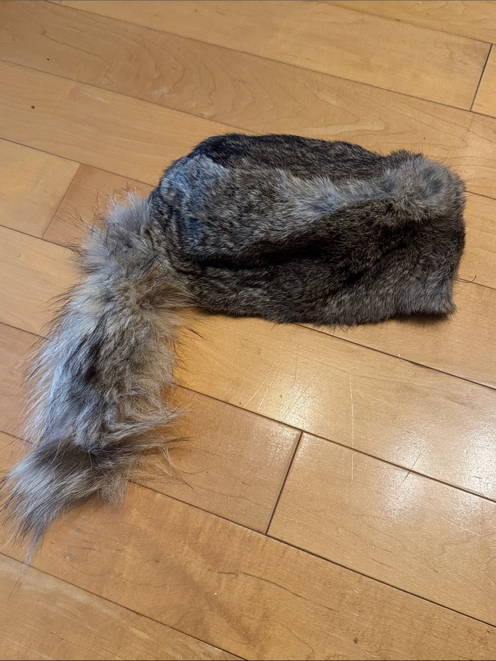 Rabbit Fur Trapper Hat with Tail - Grey & Brown